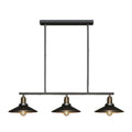 Industrial black metal island pendant with cone shade and three vintage edison bulbs for dining room lighting