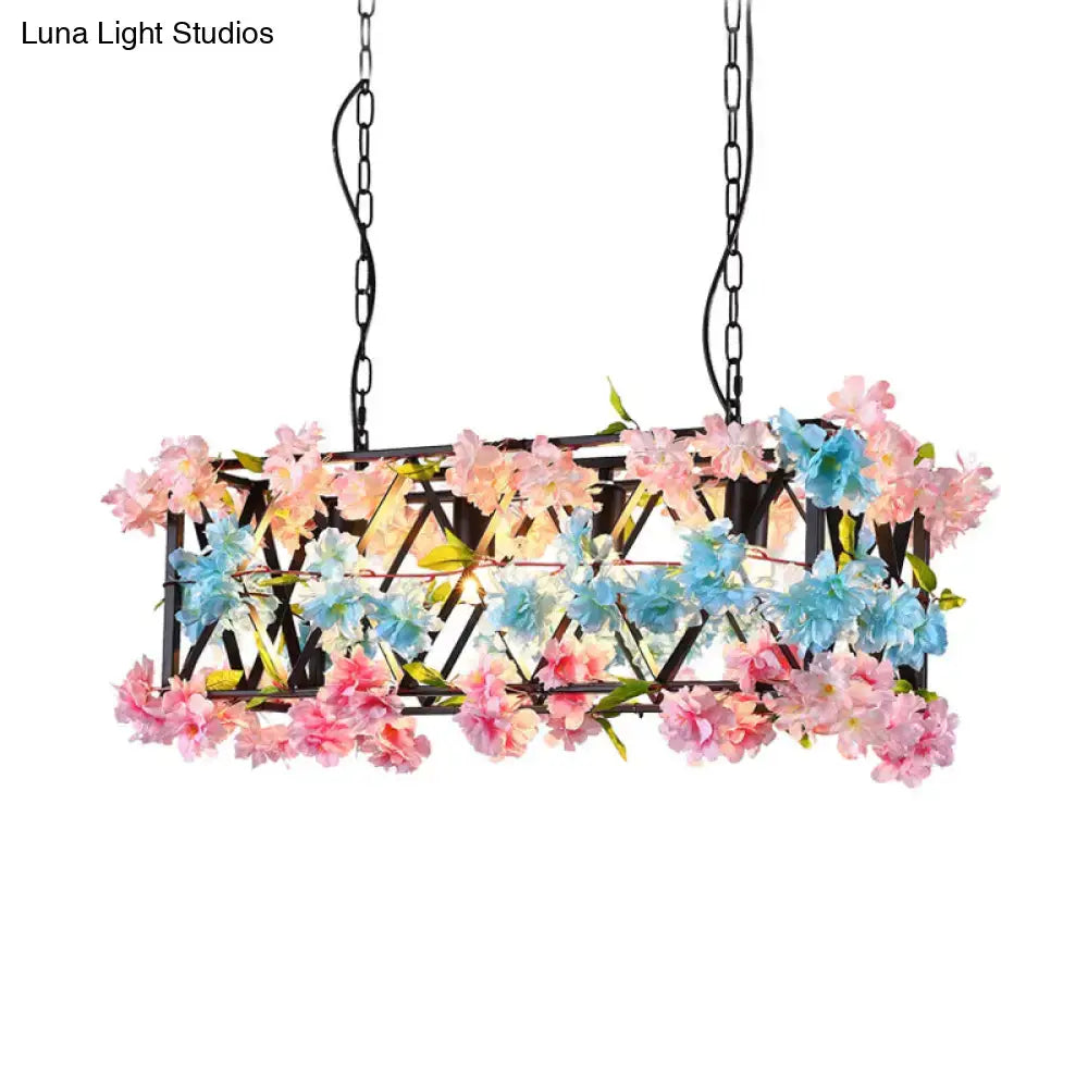 Industrial black metal rectangle island light pink & blue flower decor kitchen