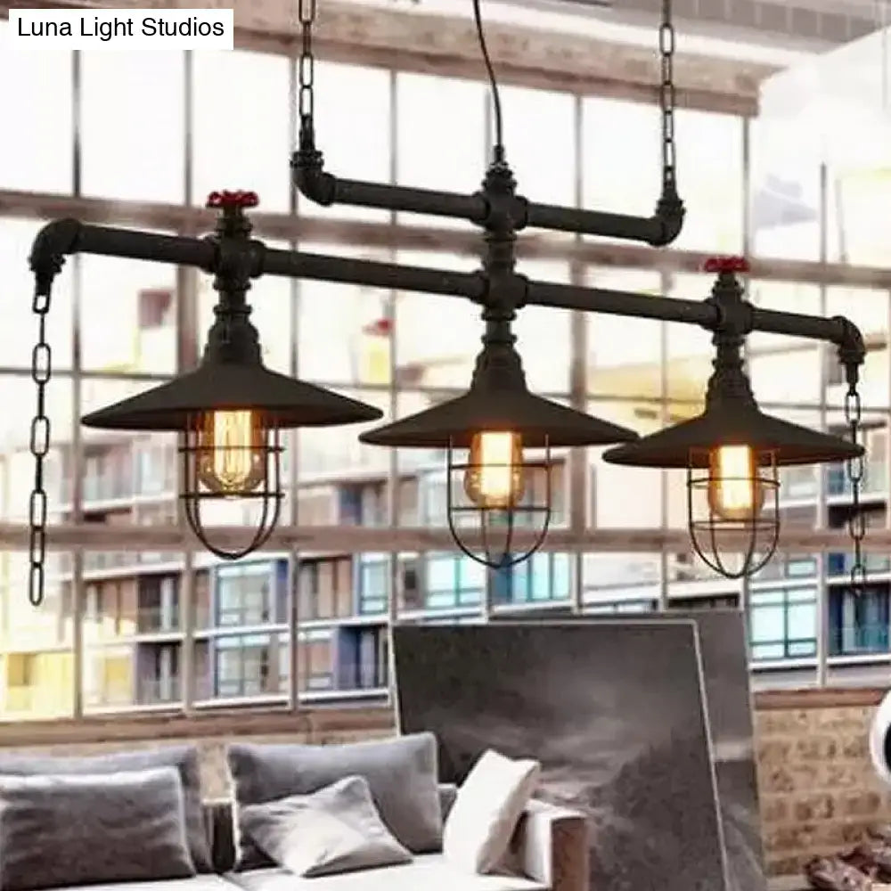 Industrial black pipe chandelier with red valve caps dining room light