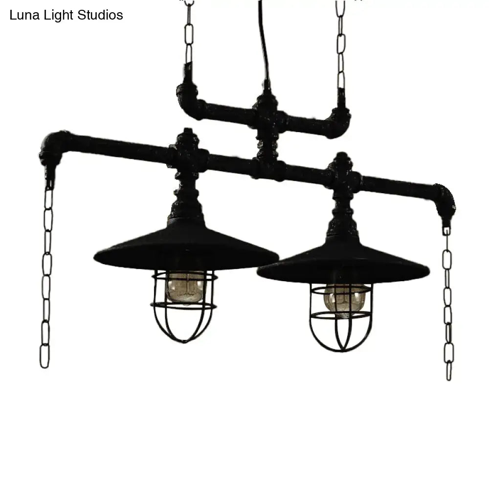 Industrial black pipe chandelier with red valve caps dining room light