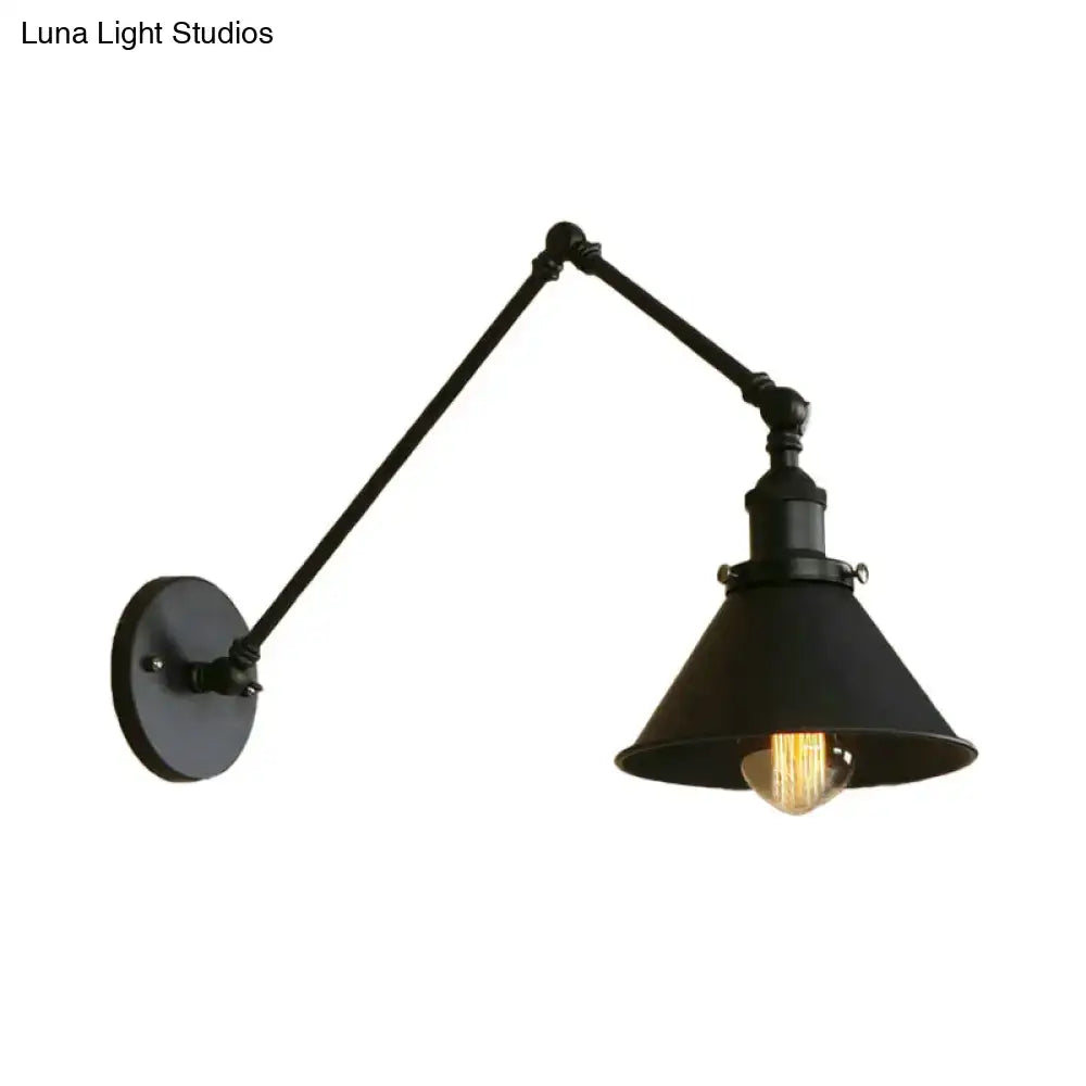 Industrial black swing arm wall lamp bedroom conic shade sconce