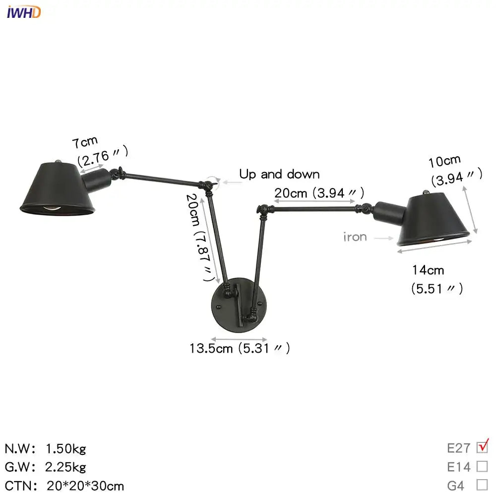 Industrial black swing arm wall light bedroom vintage sconce