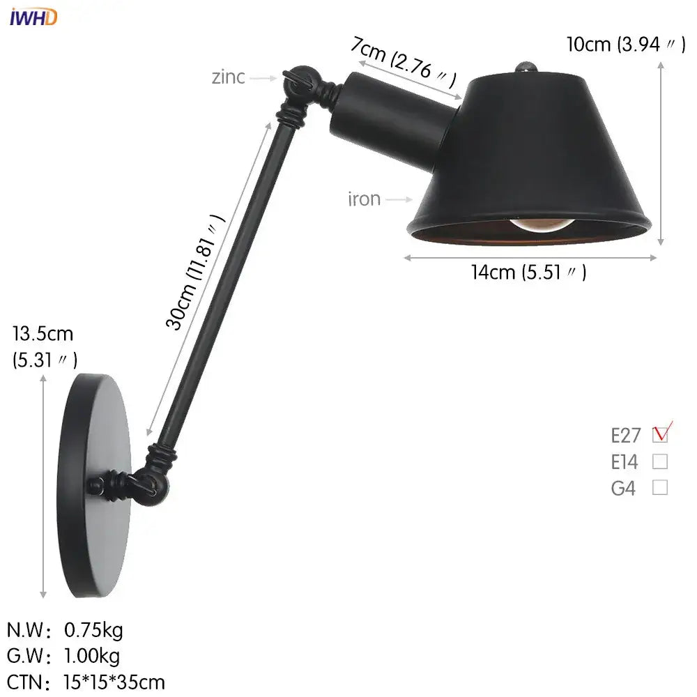 Industrial black swing arm wall light bedroom vintage sconce