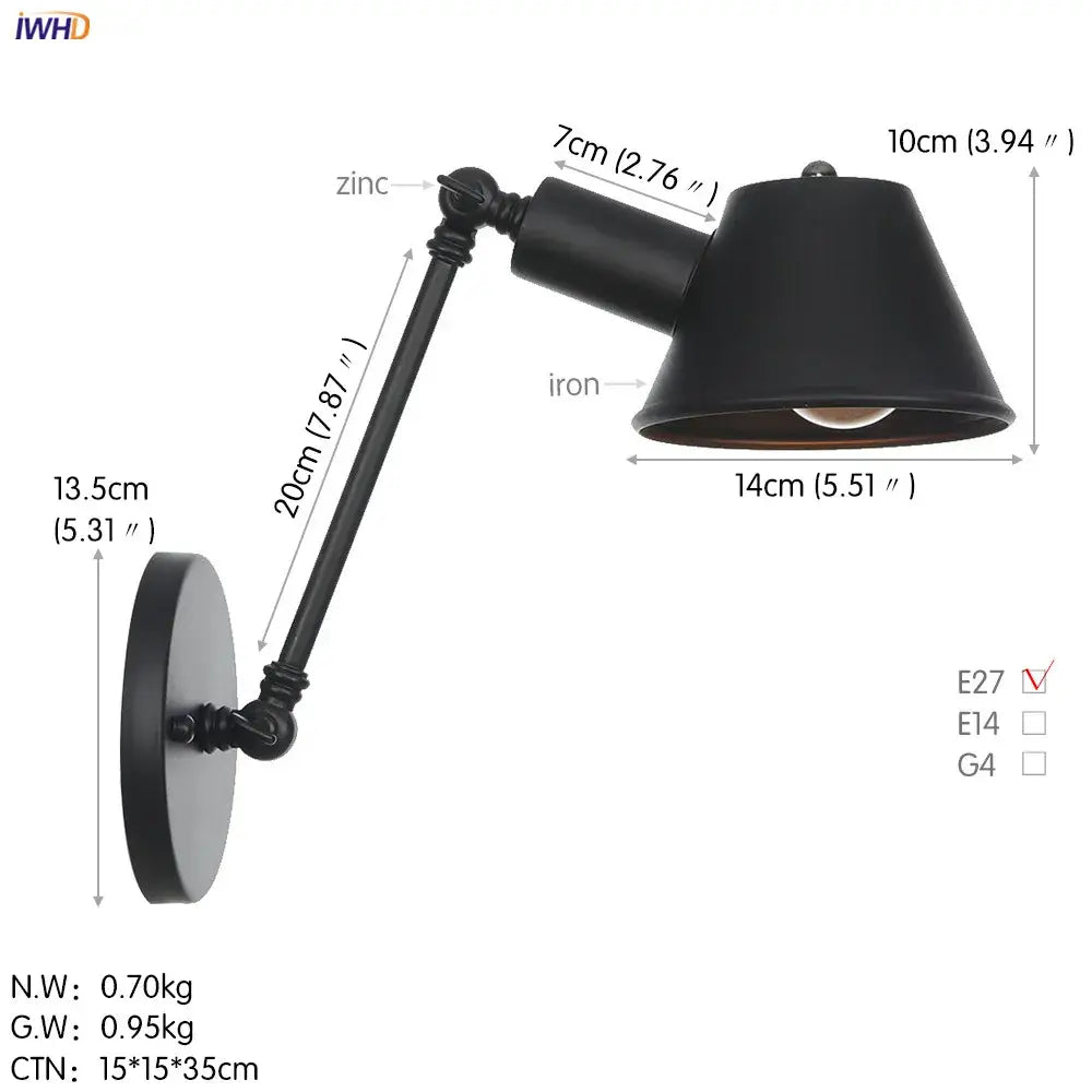 Industrial black swing arm wall light bedroom vintage sconce
