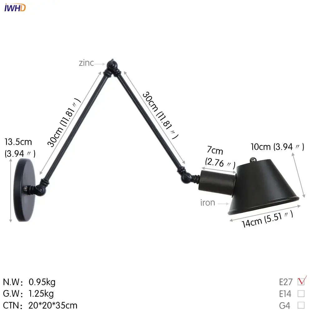 Industrial black swing arm wall light bedroom vintage sconce