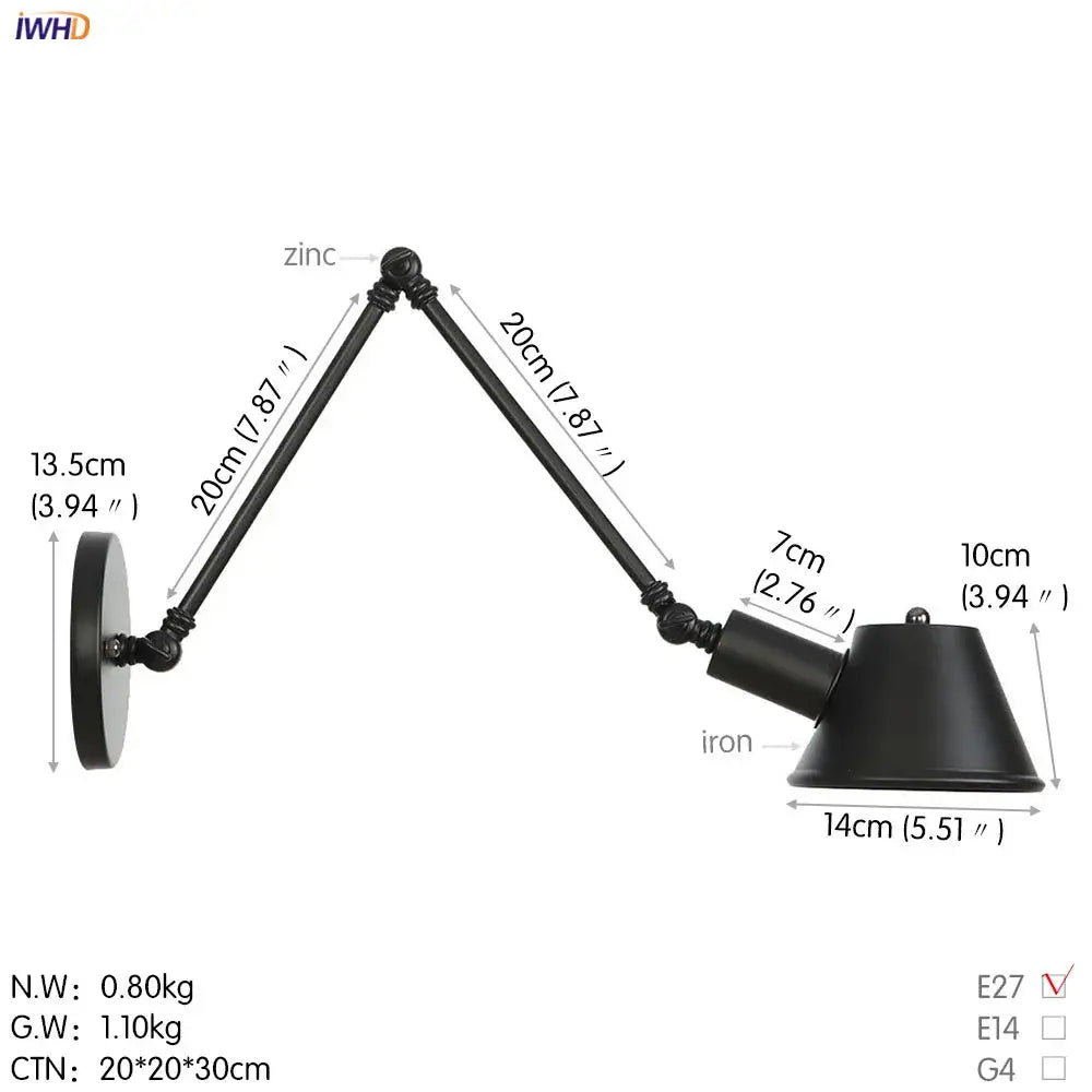 Industrial black swing arm wall light bedroom vintage sconce