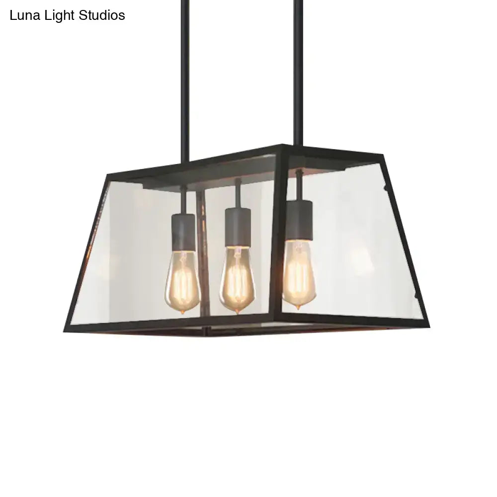 Industrial black trapezoid 3-bulb clear glass kitchen pendant light