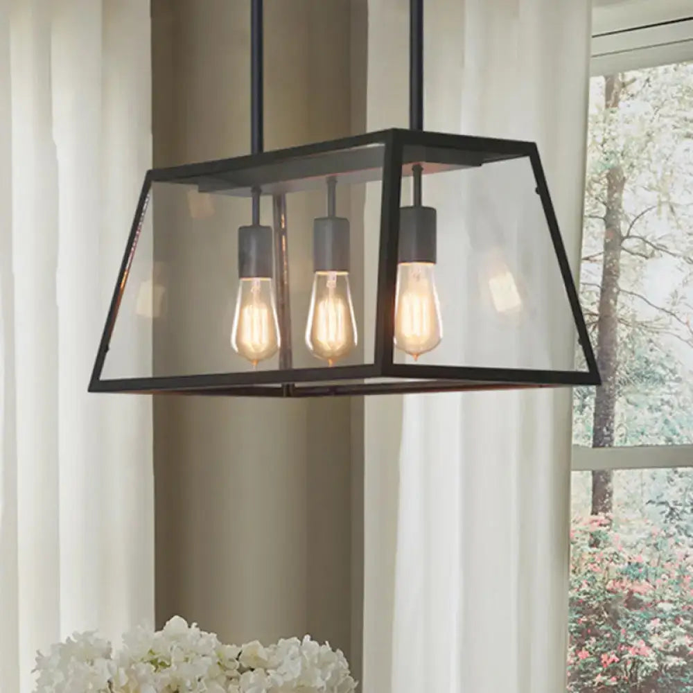 Industrial black trapezoid 3-bulb clear glass kitchen pendant light