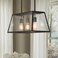 DecorBites industrial black metal pendant light with clear glass panels and 3-bulb clear glass hanging design