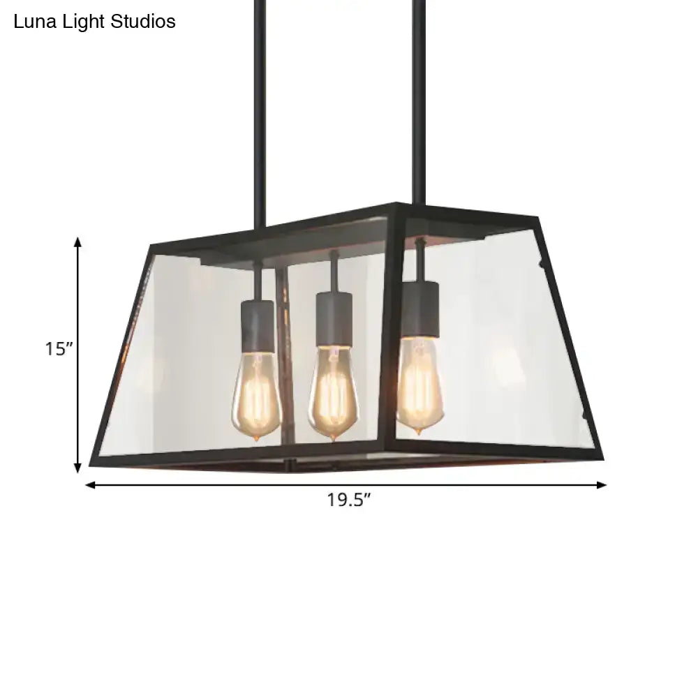 Industrial black trapezoid 3-bulb clear glass kitchen pendant light