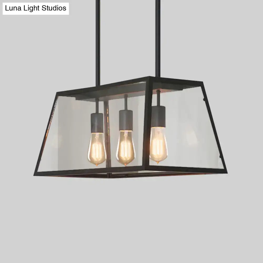 Industrial black trapezoid 3-bulb clear glass kitchen pendant light
