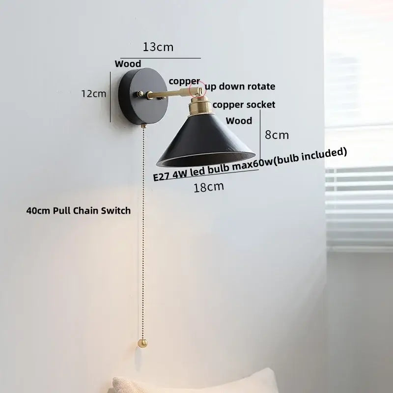 Industrial black wood led wall sconce with brass accent stair light