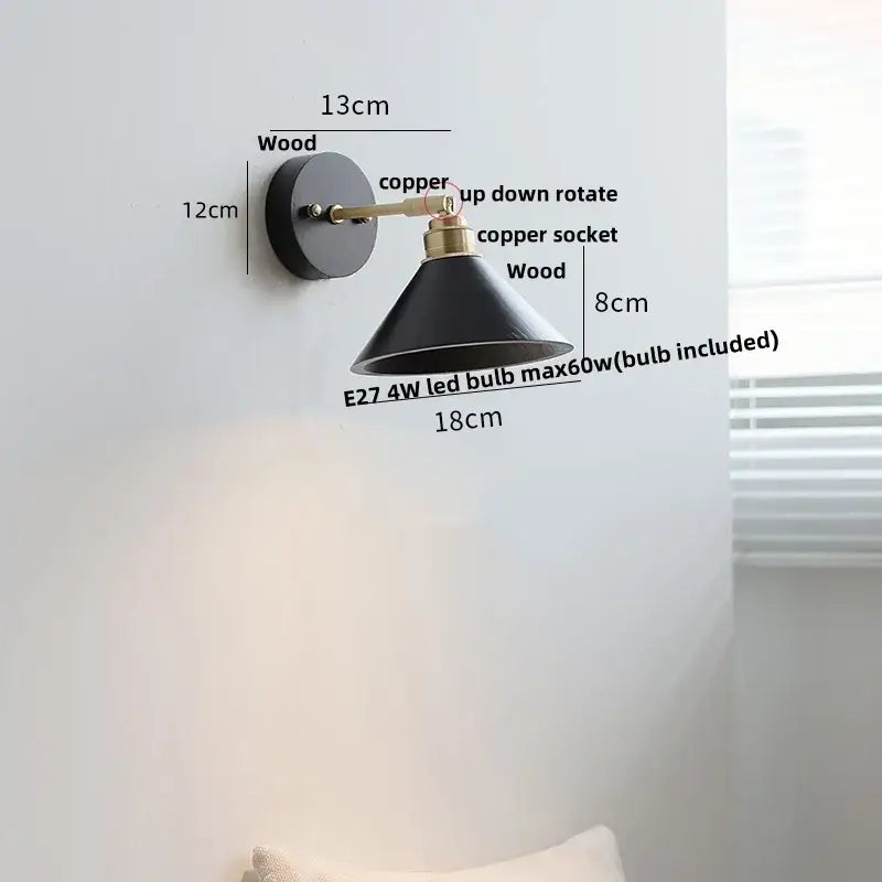 Industrial black wood led wall sconce with brass accent stair light