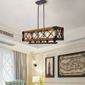 Rustic rectangular island chandelier light with wooden frame and black metal accents featuring exposed bulbs for living room decor