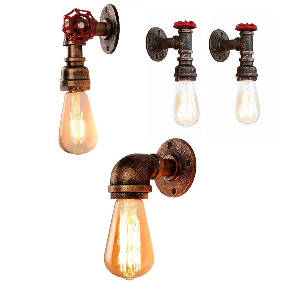 Industrial bronze & black water pipe wall lamp bedroom sconce