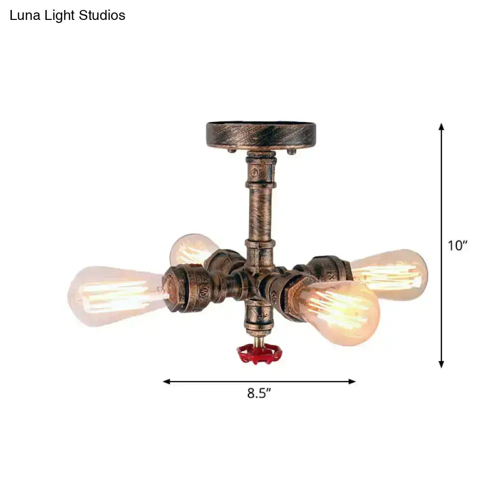 Industrial bronze semi flush foyer light with decorative valve bulb base