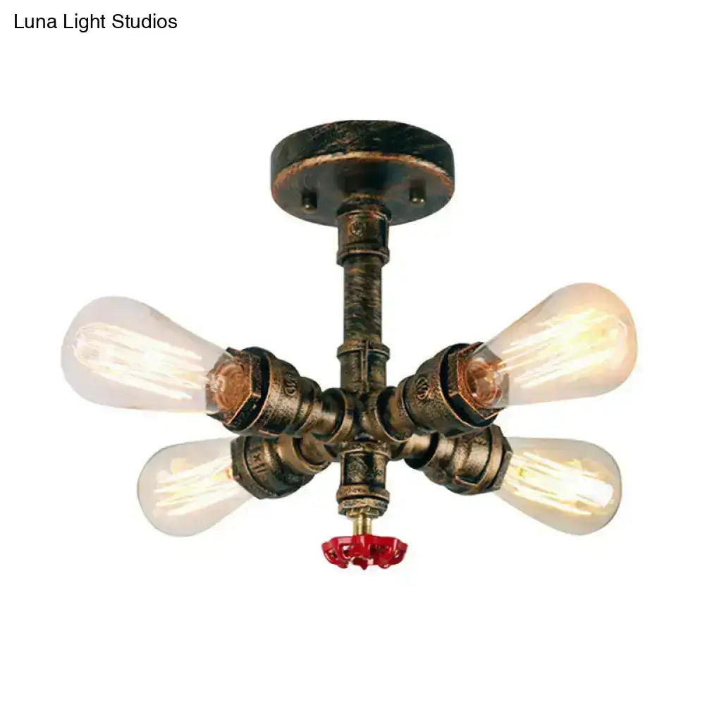 Industrial bronze semi flush foyer light with four exposed edison bulbs decorative valve bulb base and brass pipe design
