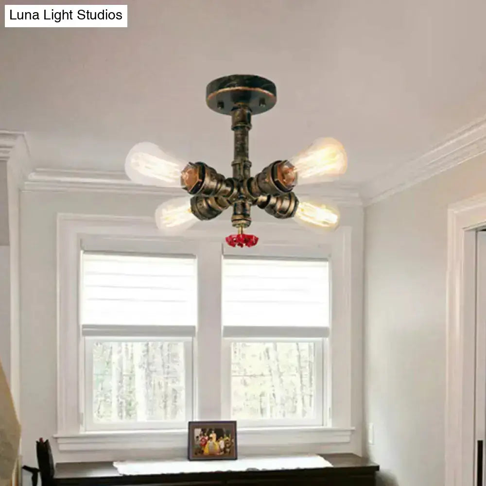 Industrial bronze semi flush foyer light with decorative valve bulb base