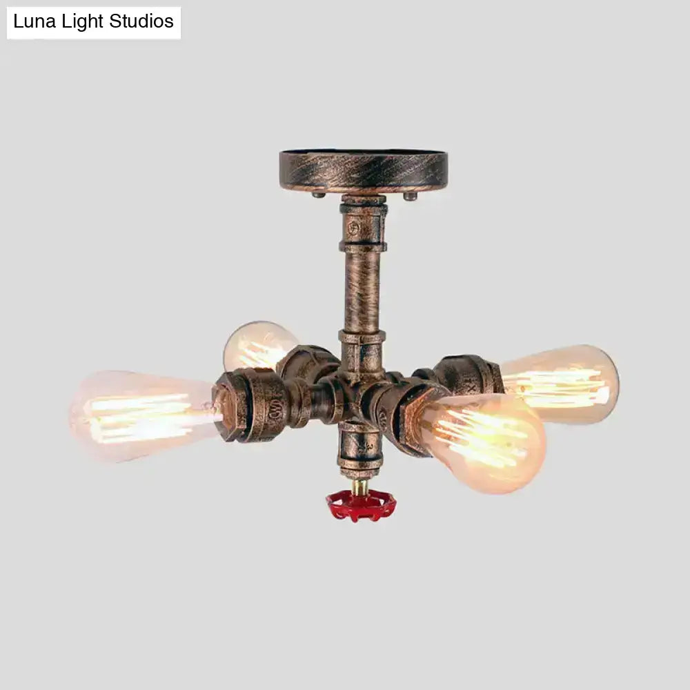 Industrial bronze semi flush foyer light with decorative valve bulb base