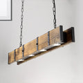 Industrial brown rectangular wooden island ceiling light with wooden beams black metal accents and chain suspension