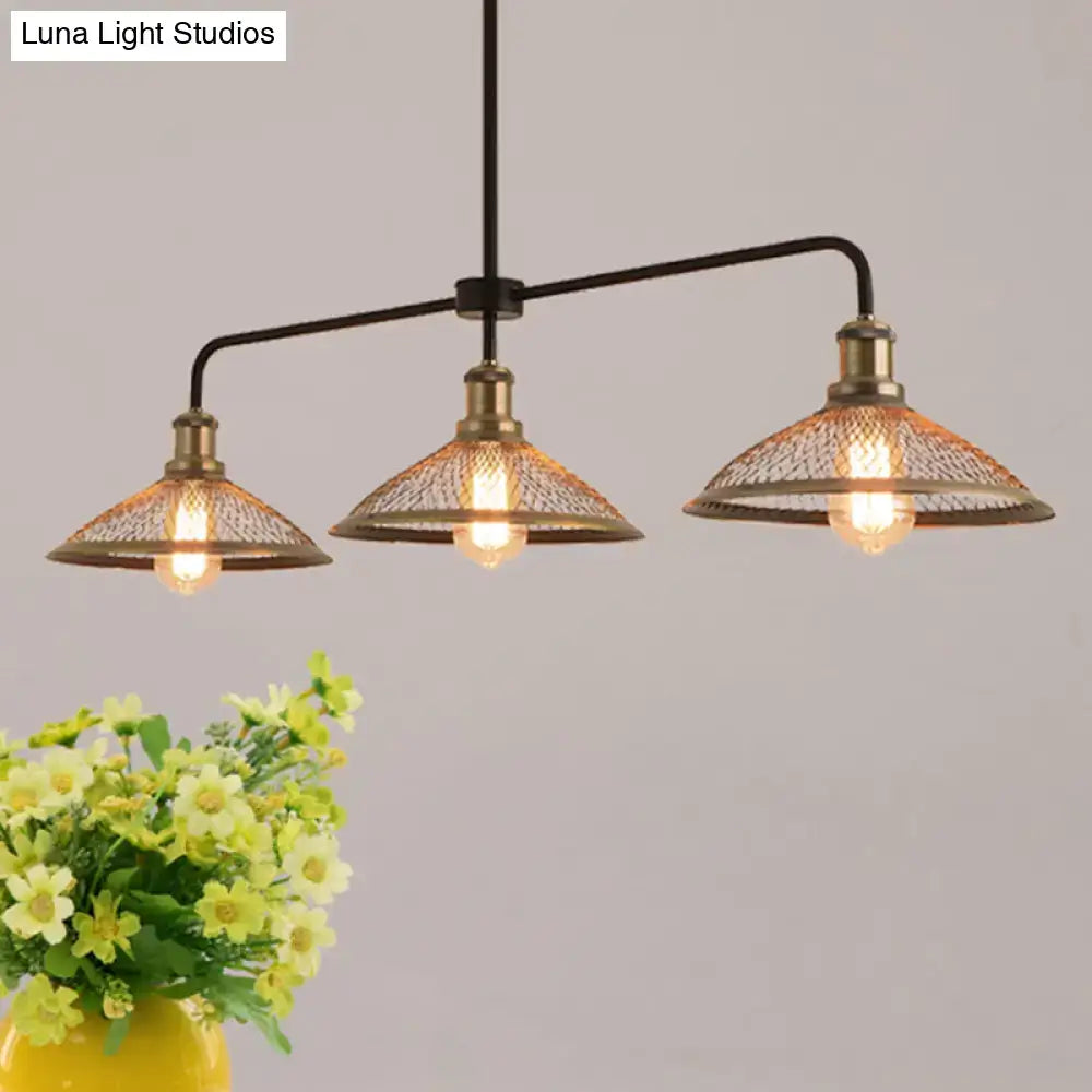 Industrial cage flared black and brass pendant light dining room