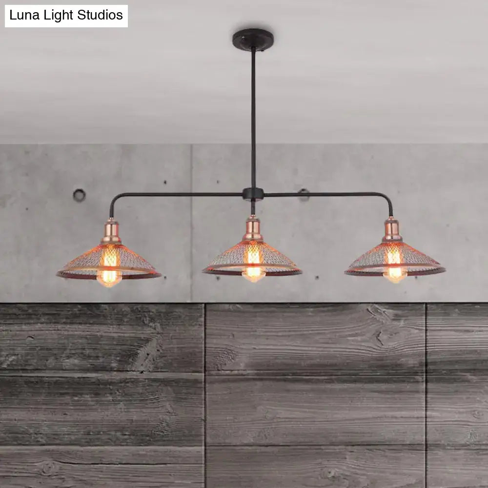 Industrial cage flared black and brass pendant light dining room