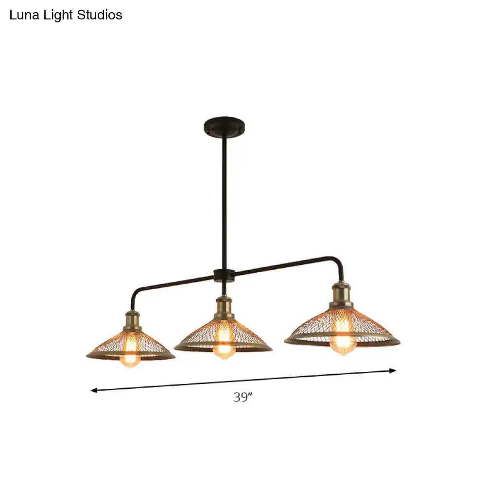 Industrial cage flared black and brass pendant light dining room