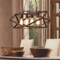 Industrial-style wrought iron geometric island pendant light with dark bronze frame and four exposed edison bulbs
