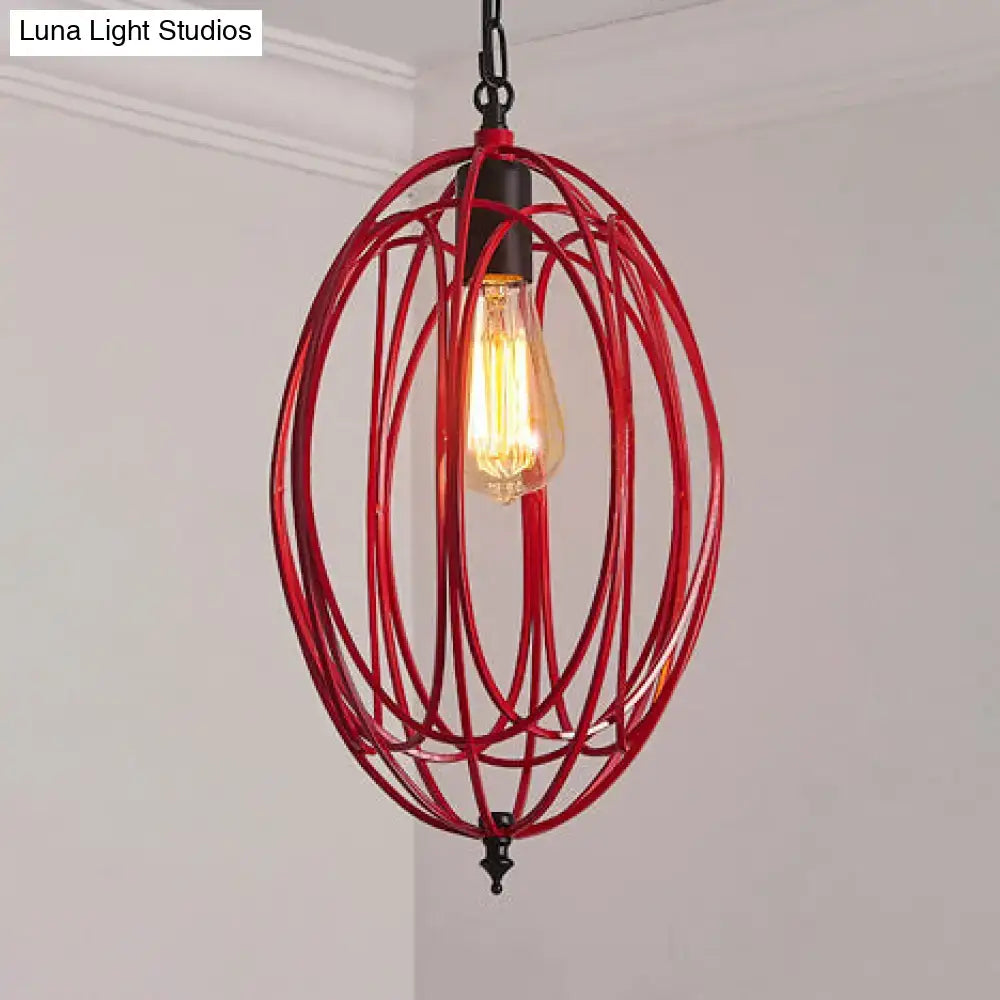 Industrial gray & red oval cage pendant light for restaurants