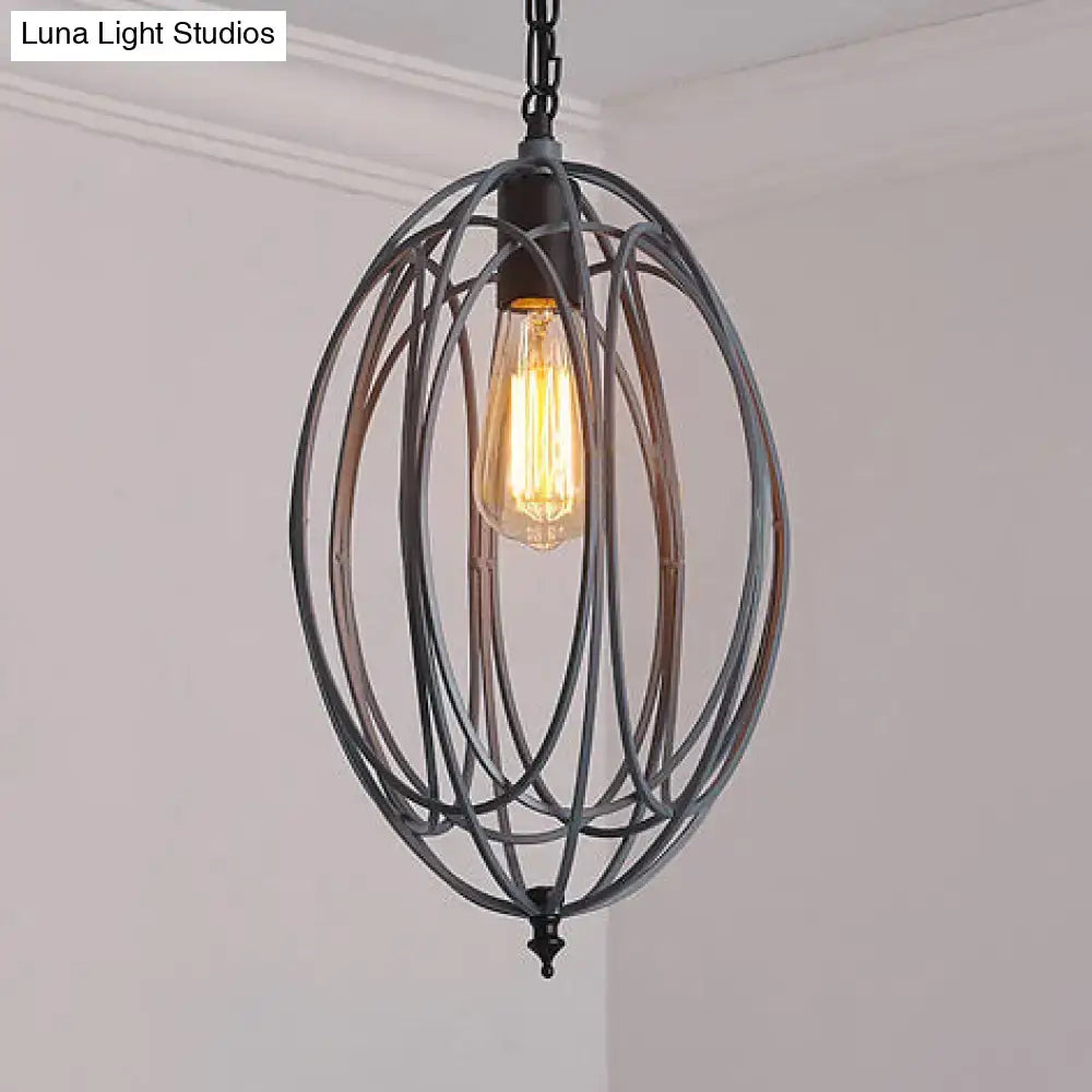 Industrial gray & red oval cage pendant light for restaurants