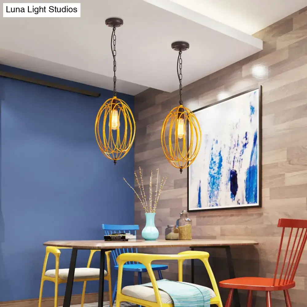 Industrial gray & red oval cage pendant light for restaurants
