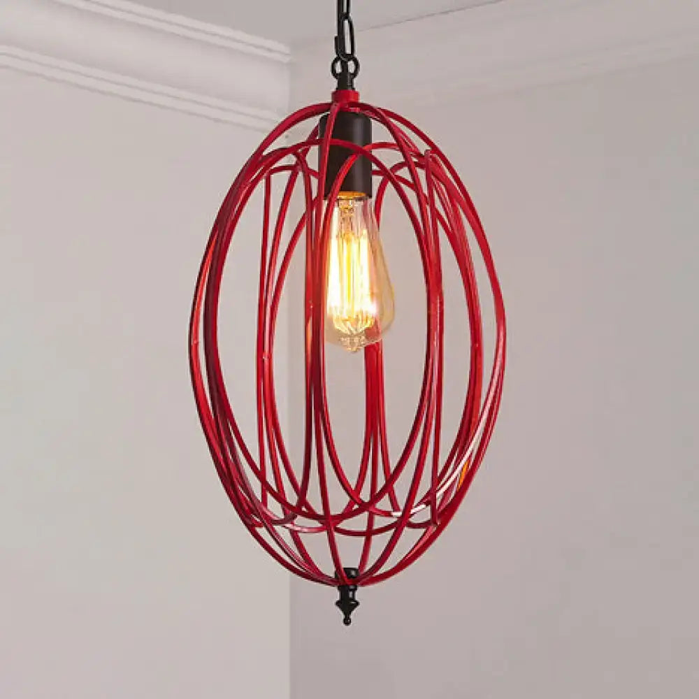 Industrial gray & red oval cage pendant light for restaurants