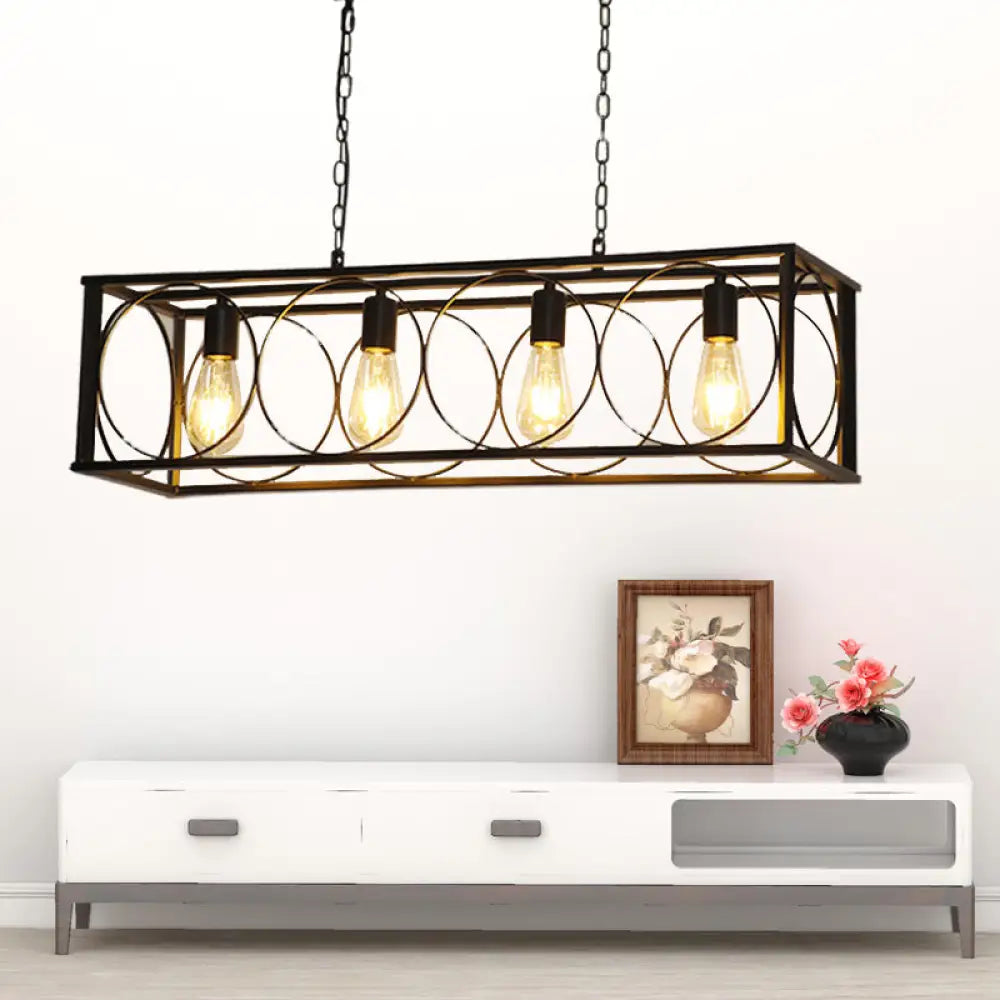 DecorBites™ Industrial Retro Cage Pendant Light with 4 Bulbs - Black Metal Shade for Restaurant or Island