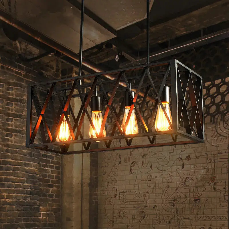 Industrial style black ironwork rectangular island light for kitchen