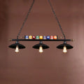 Decorbites™ industrial style black metal billiard light with scalloped shade and colorful billiard balls on top