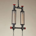 Decorbites industrial style tubular metal pendant light set in black with red valve accents and clear glass tubes for restaurants