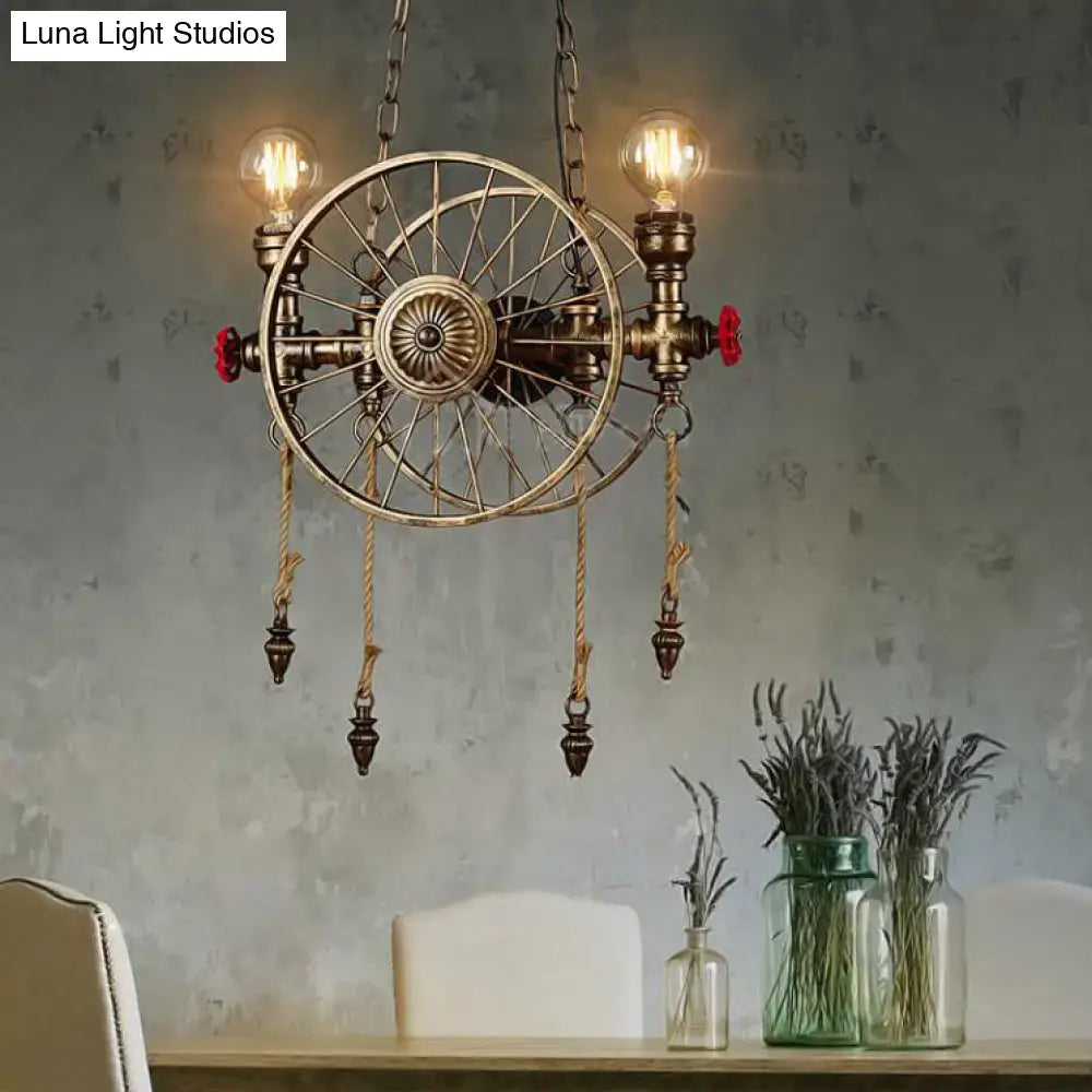 Industrial vintage brass bicycle wheel design pendant light restaurant
