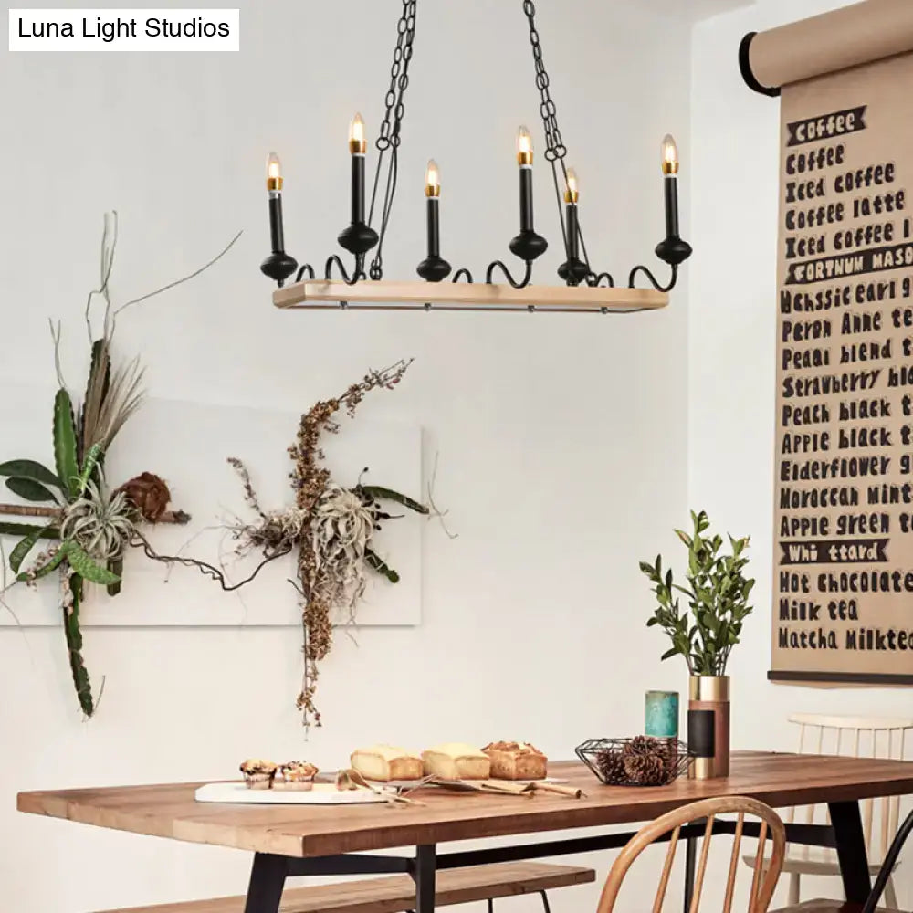 Industrial wood and black metal candle style island light dining room