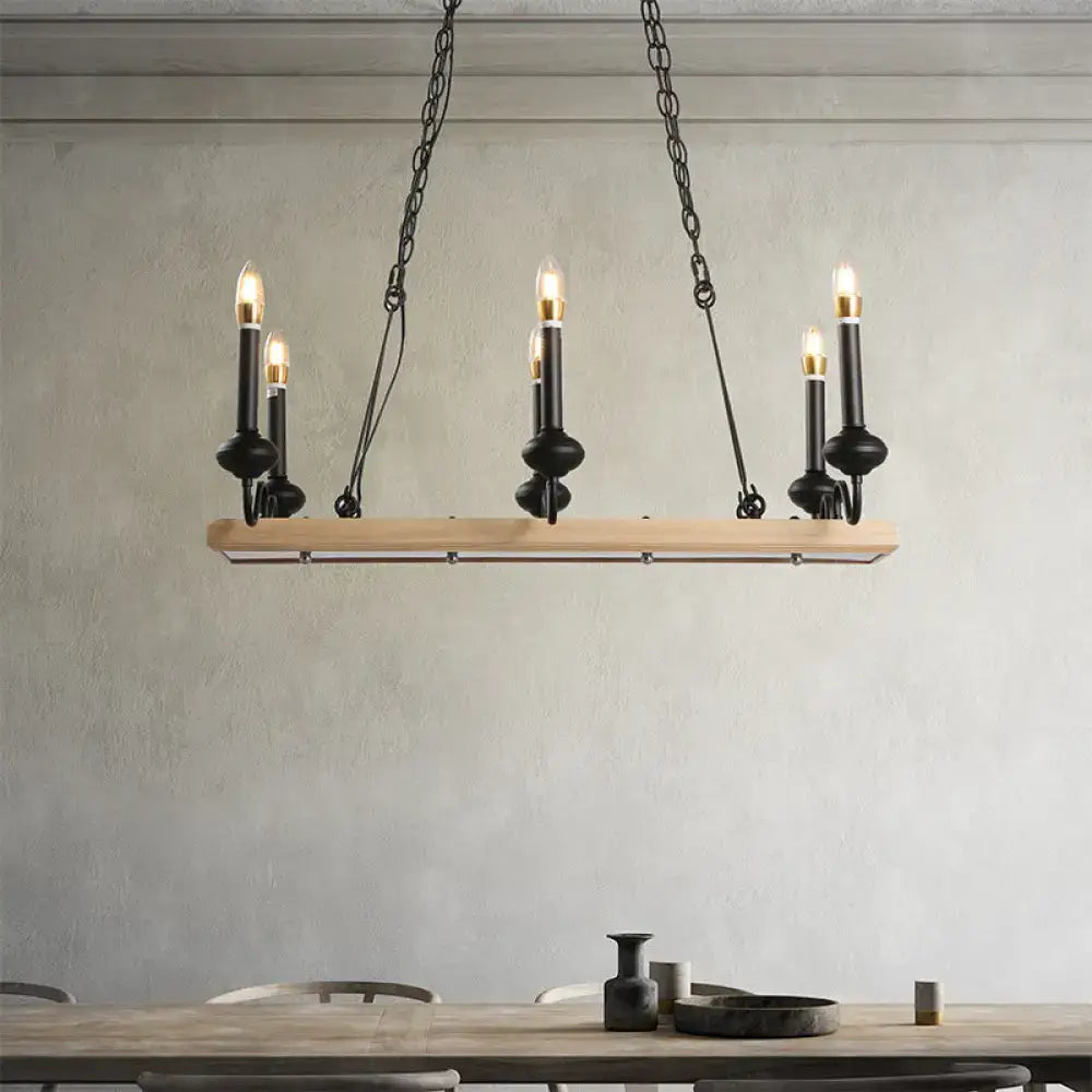 Industrial wood and black metal candle style island light dining room