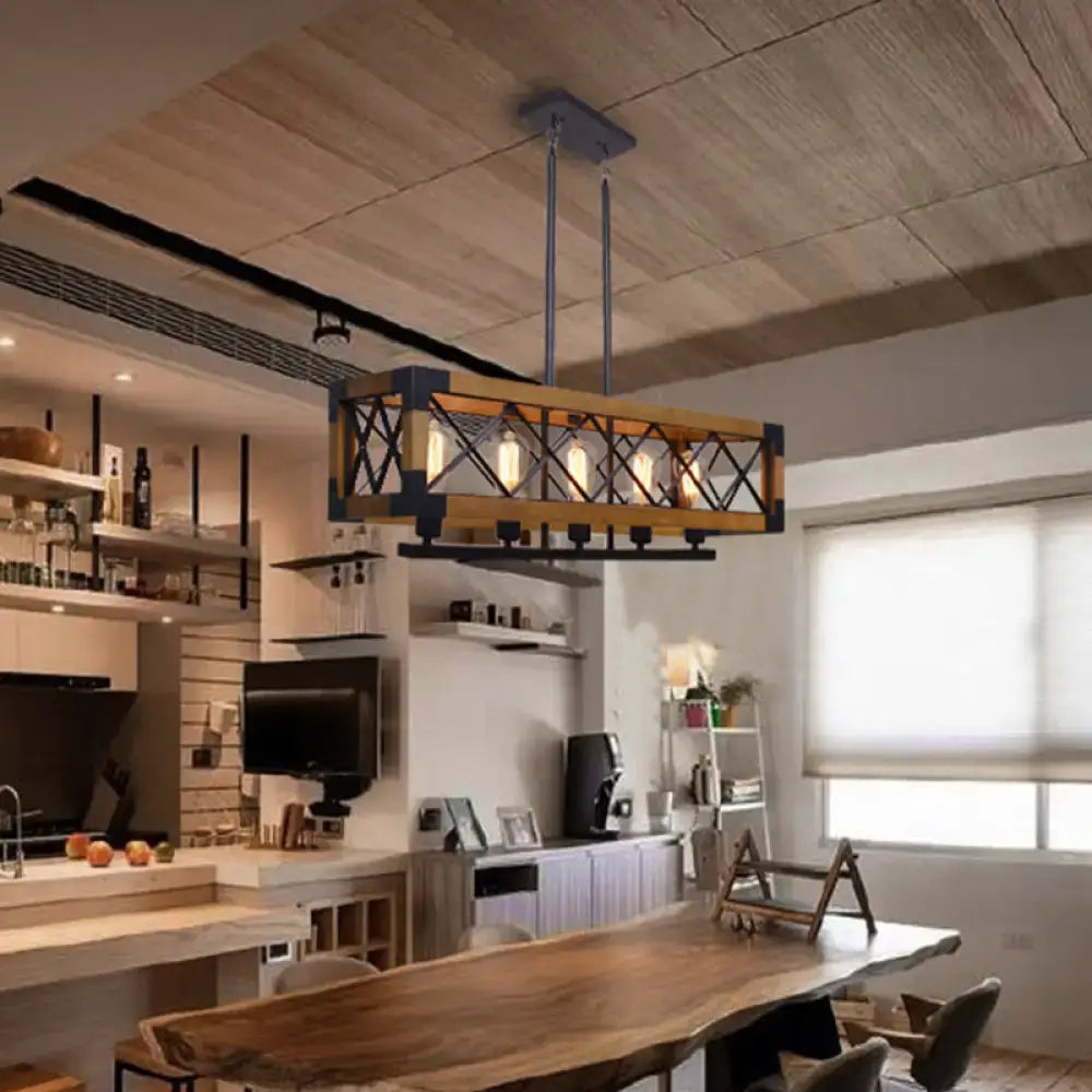 Industrial wood and black metal pendant light dining room four bulb
