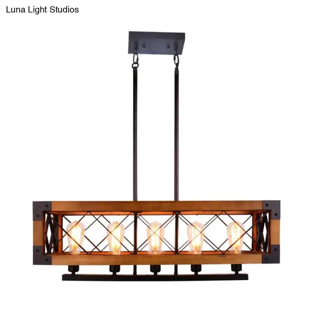 Industrial wood and black metal pendant light dining room four bulb