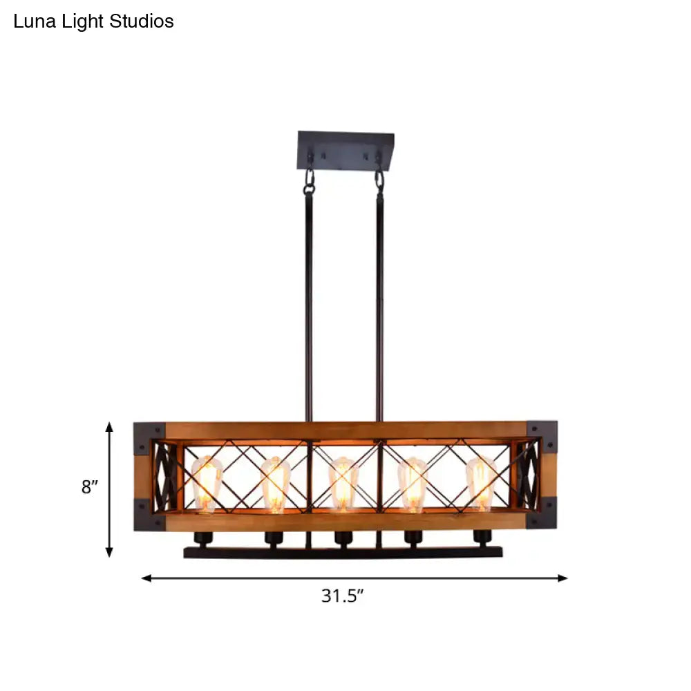 Industrial wood and black metal pendant light dining room four bulb
