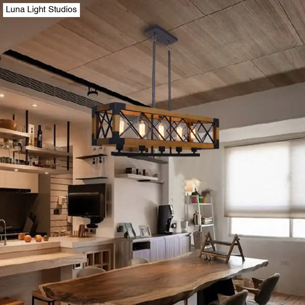 Industrial wood and black metal pendant light dining room four bulb