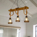 Industrial wood and rope caged restaurant island lighting kitchen chandelier