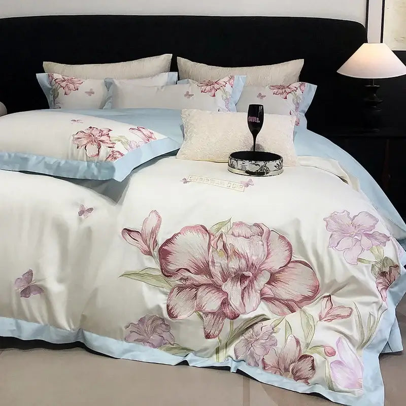 Ivory floral blooming flowers embroidery bedding set bedroom duvet cover