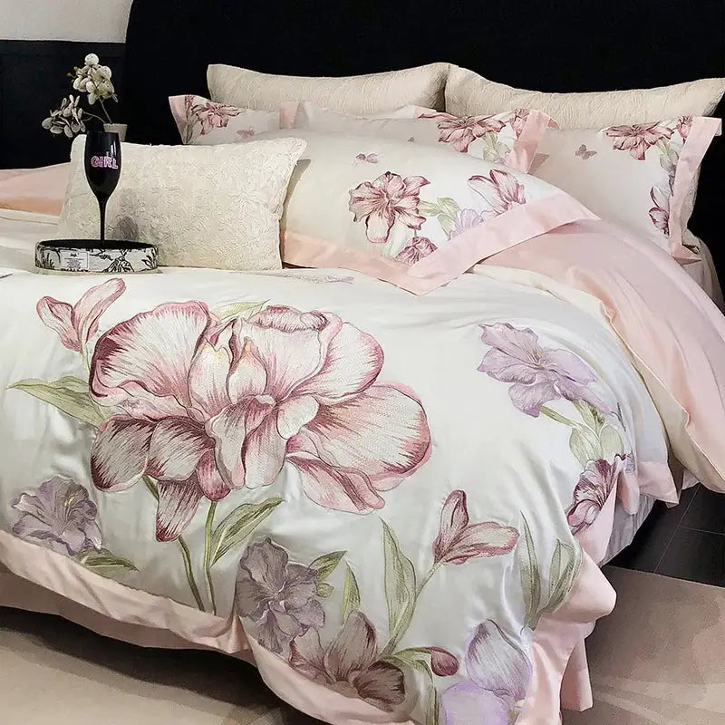 Ivory floral blooming flowers embroidery bedding set bedroom duvet cover