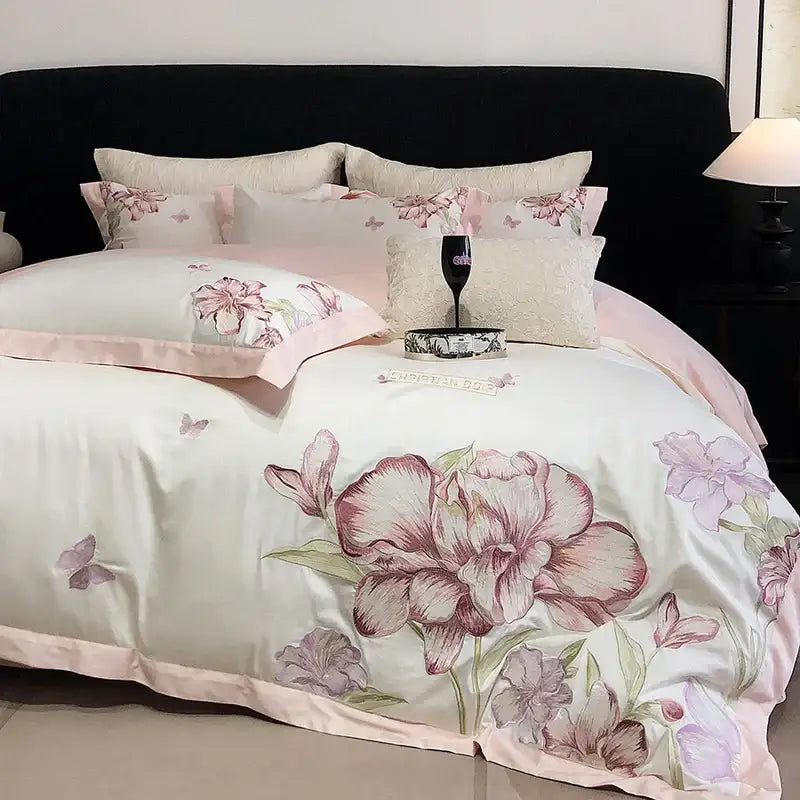 Ivory floral blooming flowers embroidery bedding set bedroom duvet cover