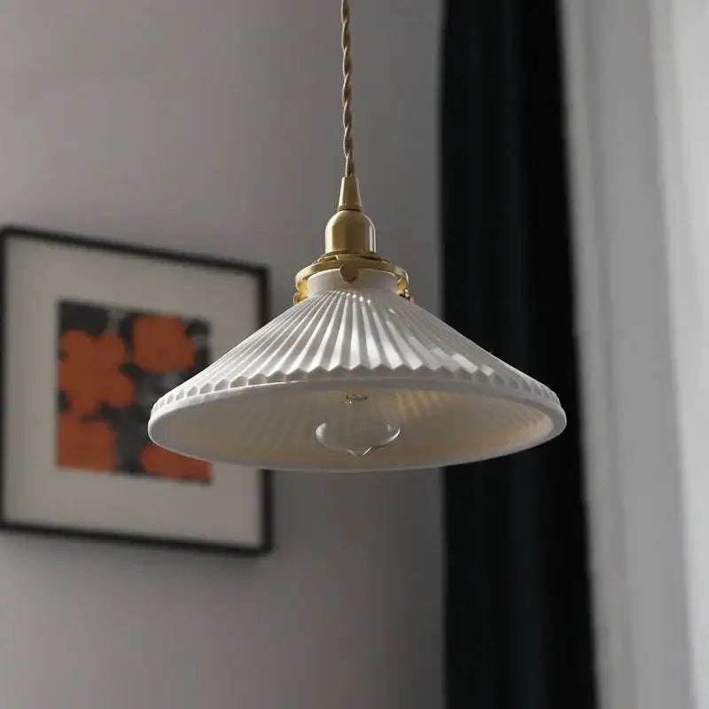 Suspension LED de salle à manger en céramique nervurée crème japonaise