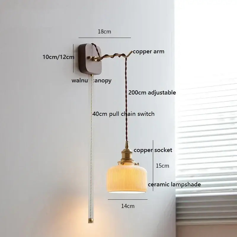 Japanese ribbed glass ceramic led wall light for bedroom
