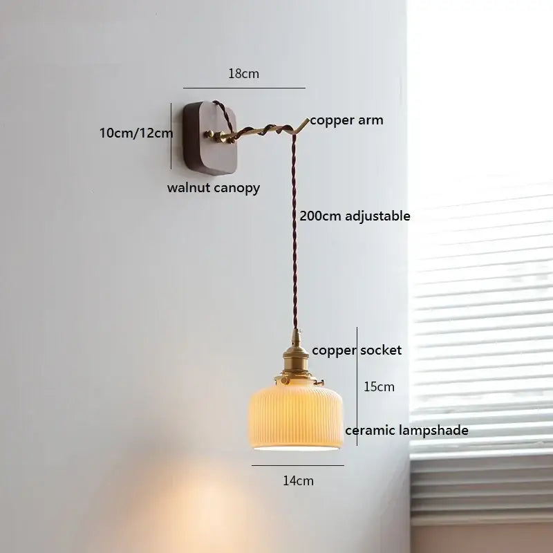 Japanese ribbed glass ceramic led wall light for bedroom